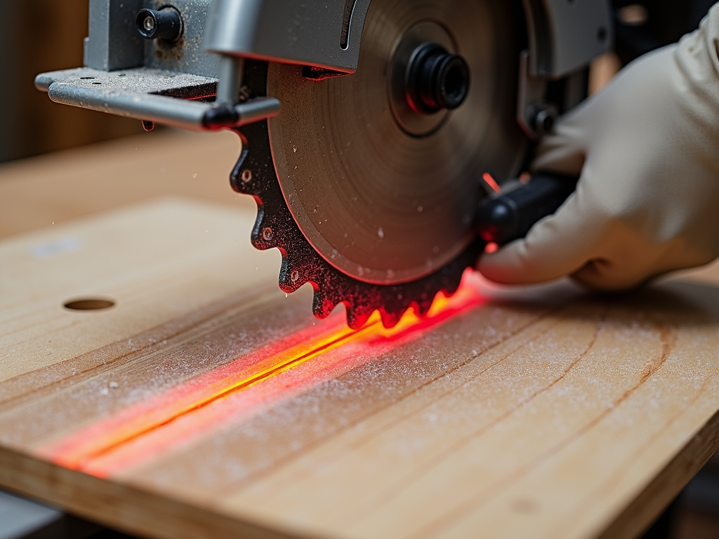 Circular saw cutting plywood with laser guide