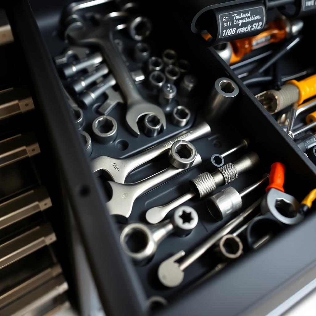 A tool chest drawer with organized compartments for various hand tools.