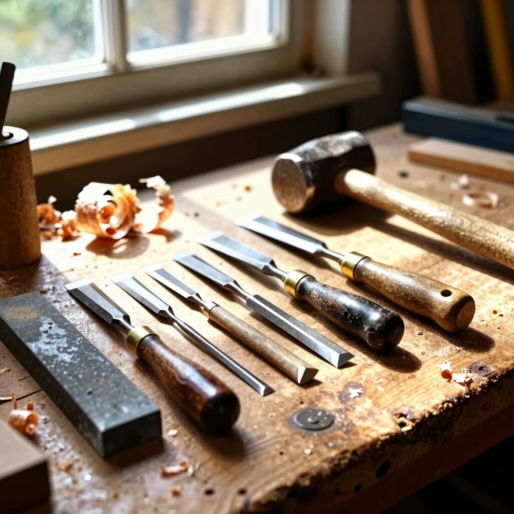 Assortment of essential chisels laid out on a woodworker's workbench