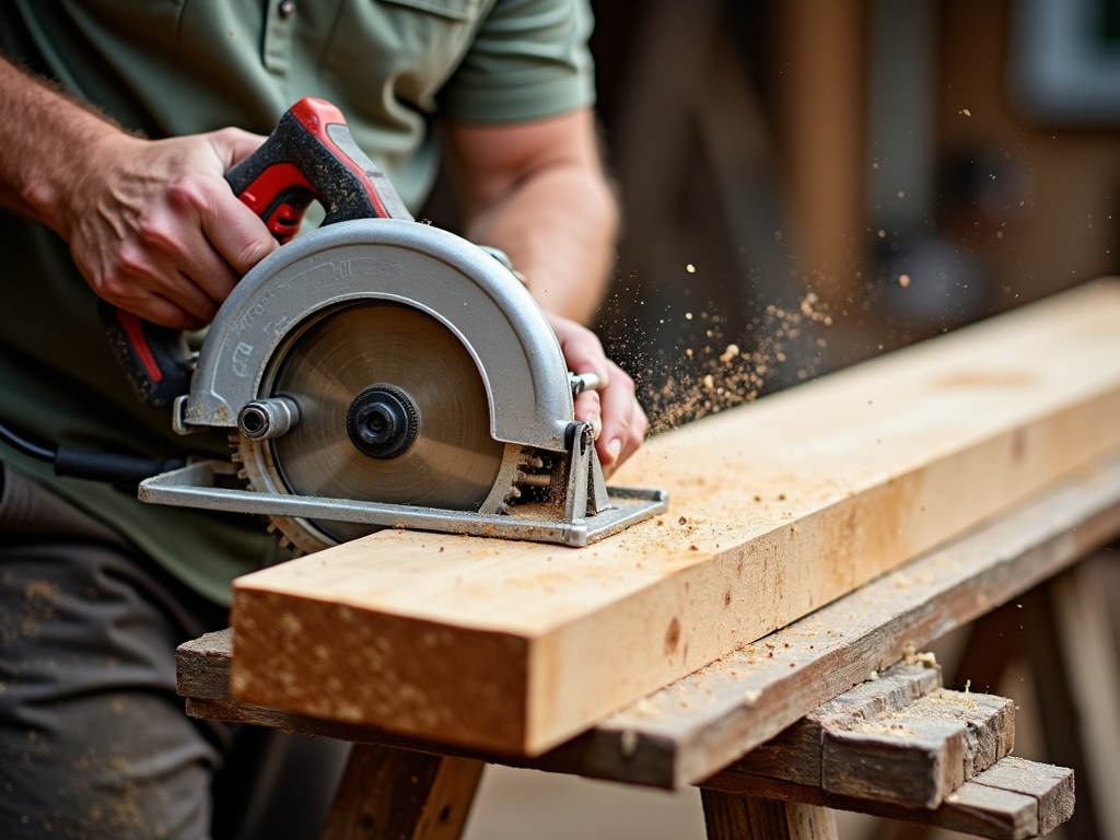 Circular saw cutting lumber