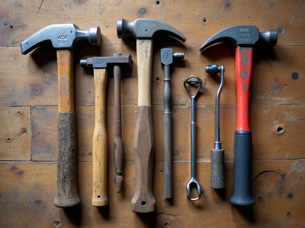 Assortment of hammers on a workbench