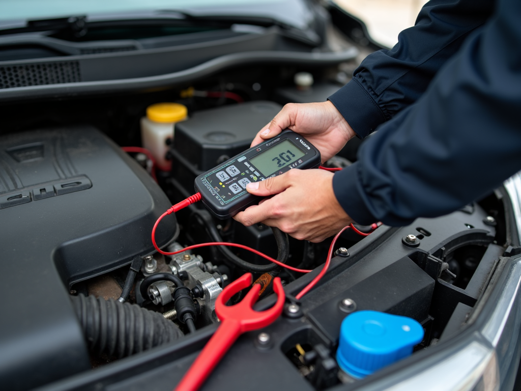 Multimeter testing a car battery