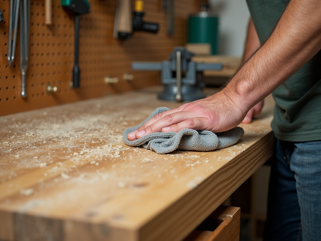 Someone cleaning a wooden workbench with a rag, tools organized in the background.