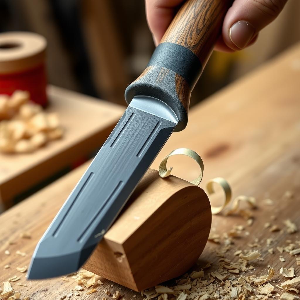 A woodworker using an ergonomic chisel with a rubber grip to carve oak wood.