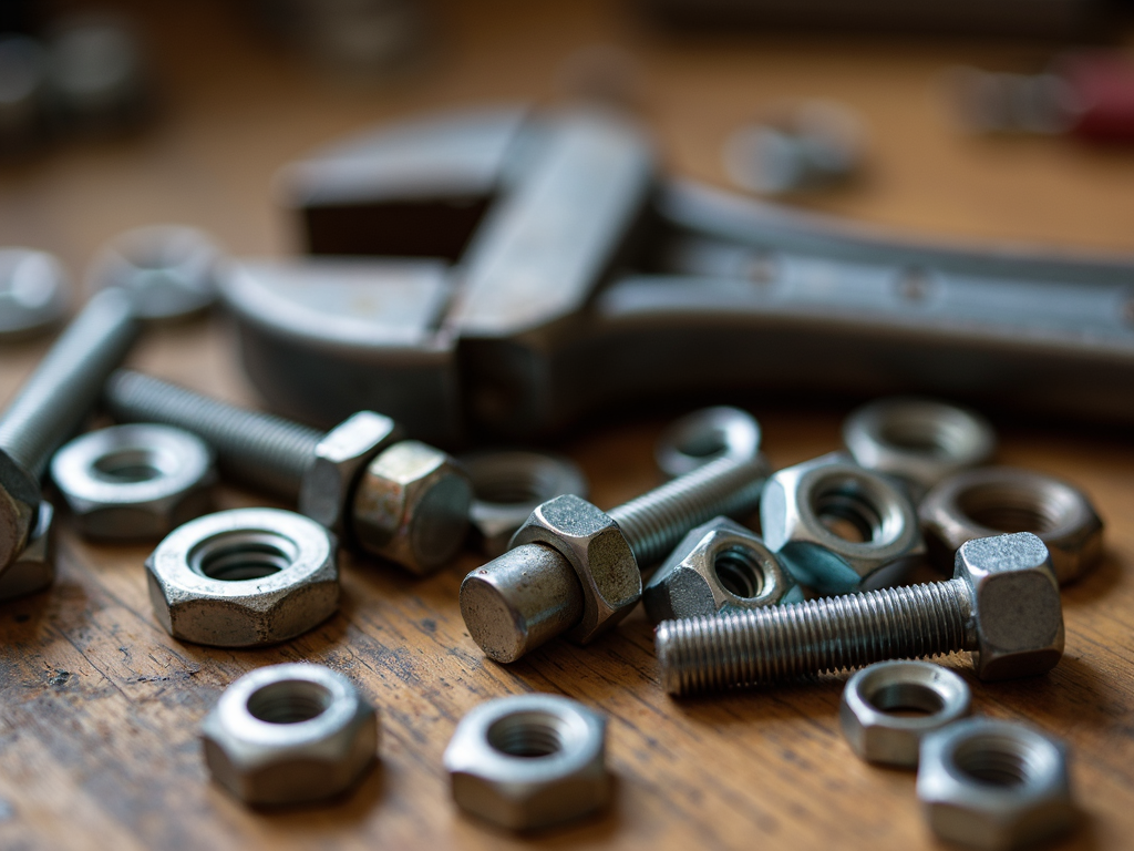 Assorted nuts and bolts on a workbench with a wrench
