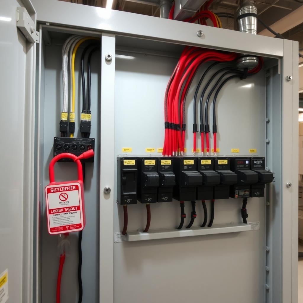Electrical panel with organized wiring and a lockout/tagout device.