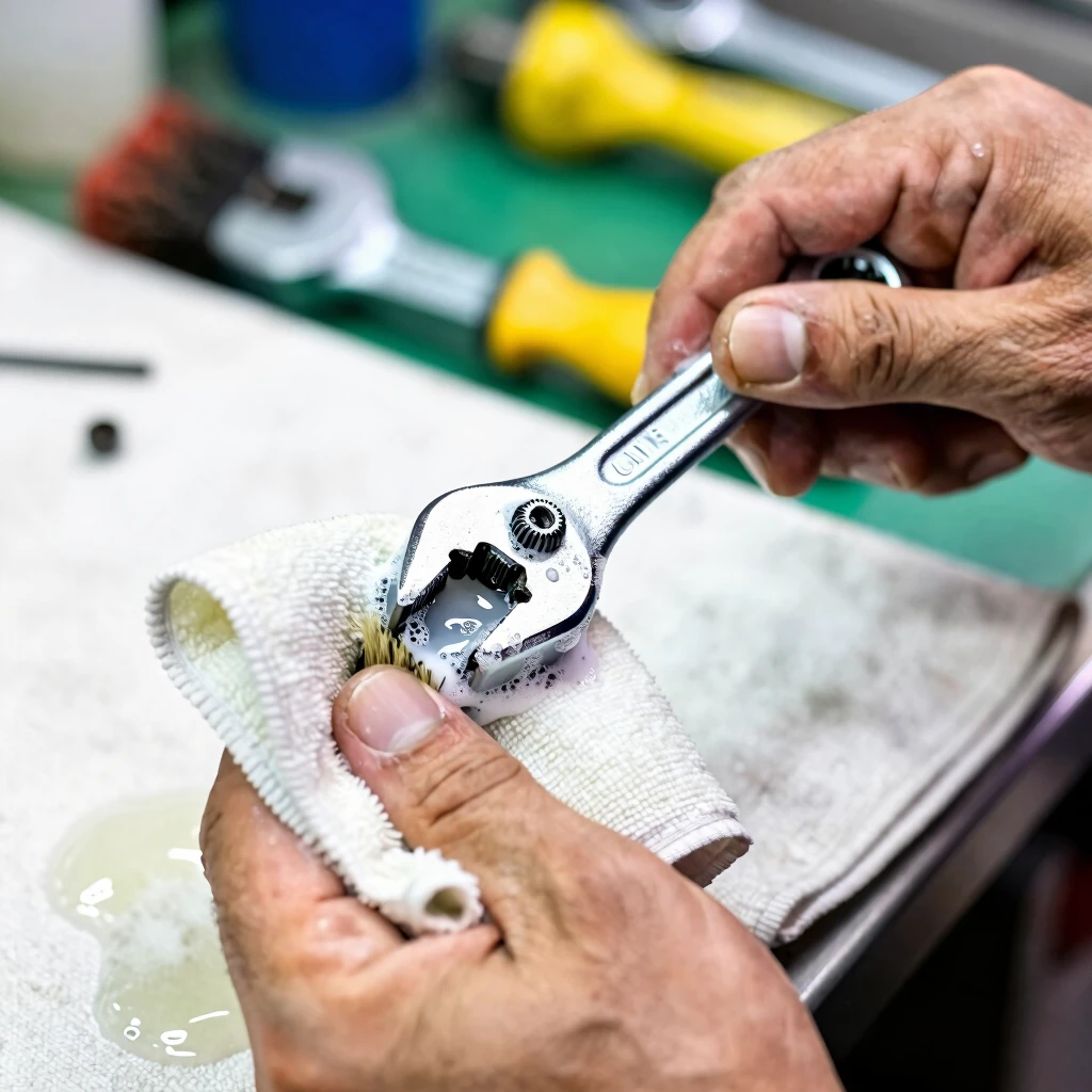 Hands cleaning a torque wrench with cloth and soap