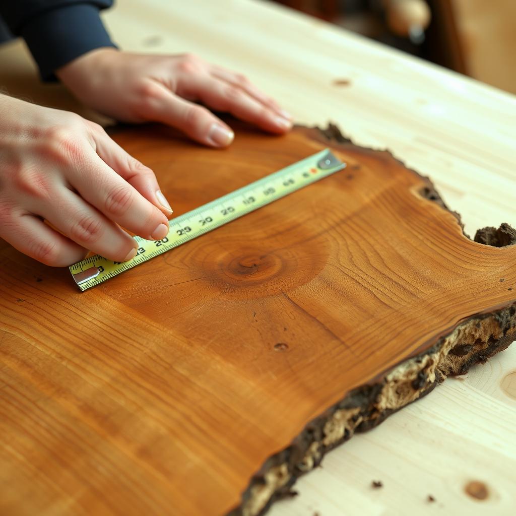 A person using a tape measure on a piece of wood, planning a project.