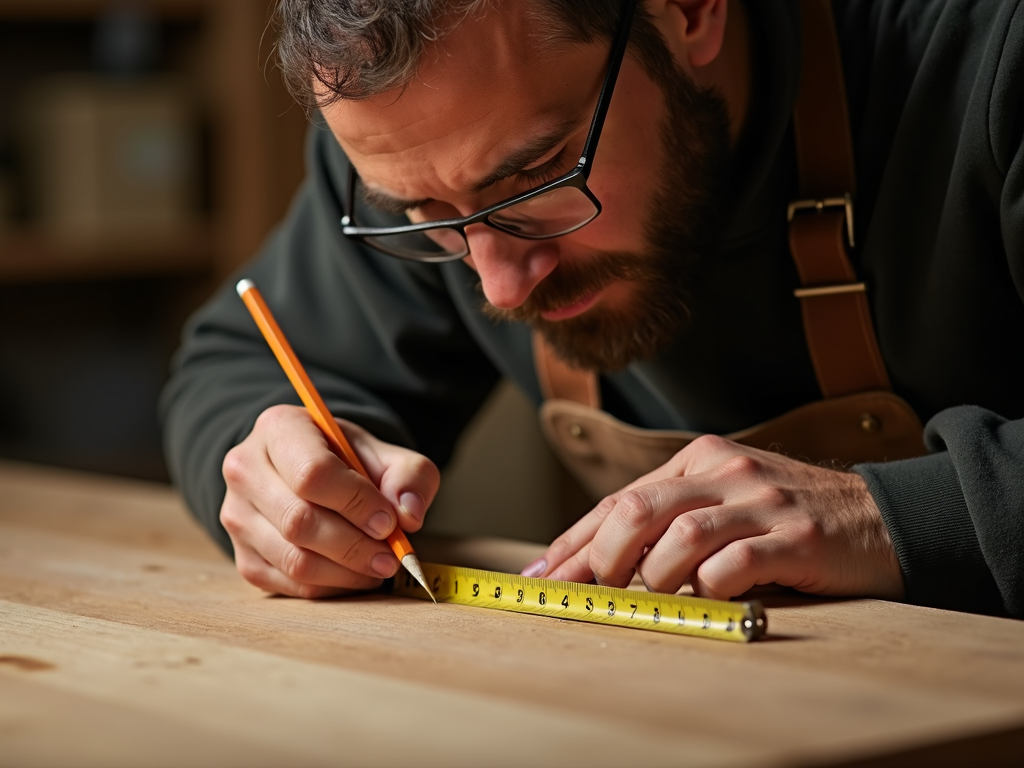 Craftsman measuring wood with a tape measure