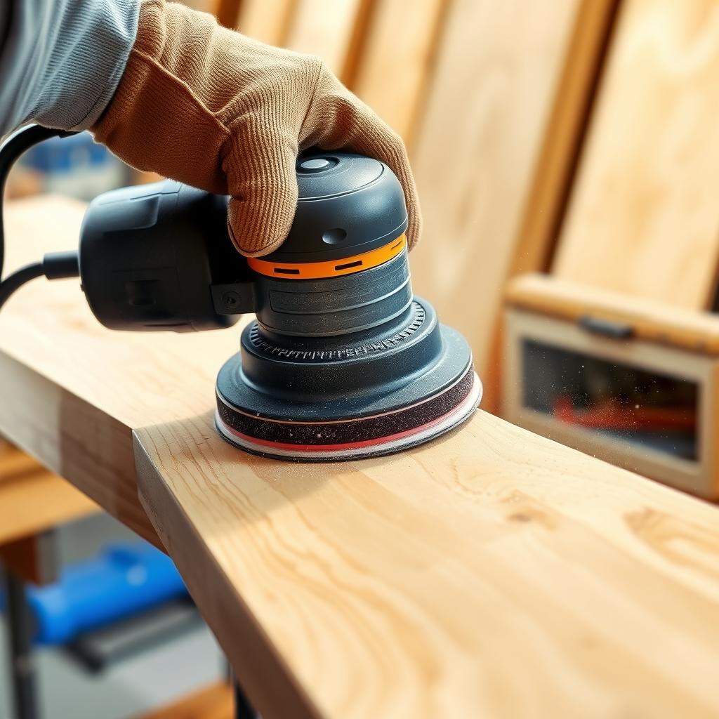 Orbital sander smoothing a wooden plank in a workshop