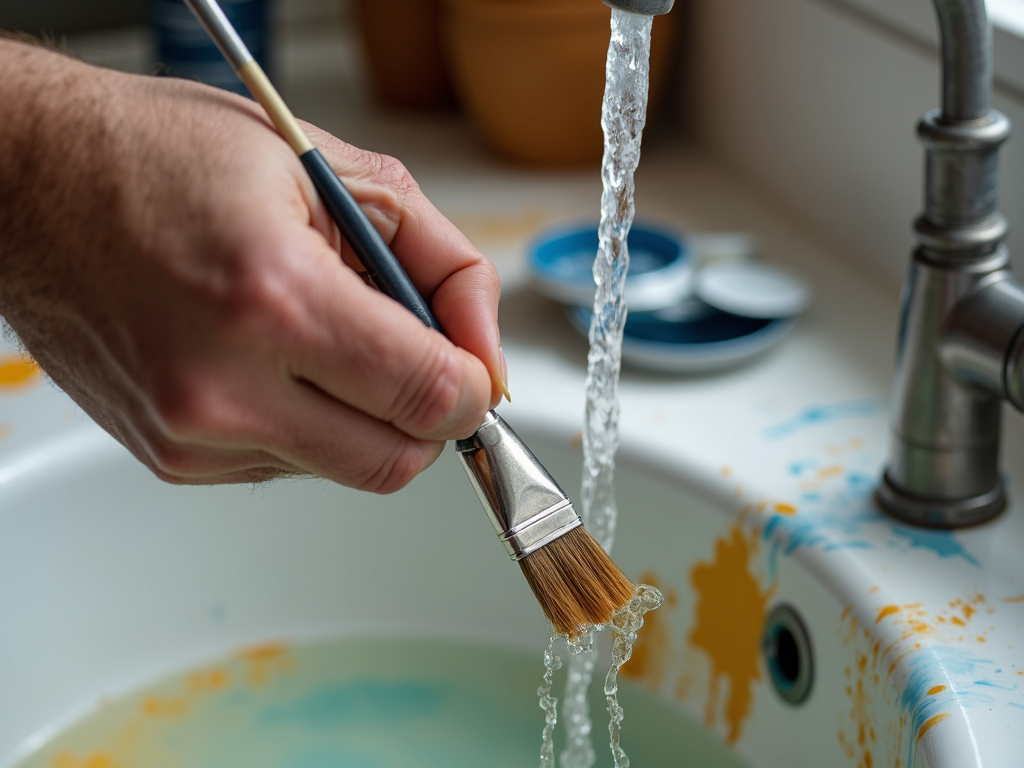 Cleaning a paintbrush with water after use.