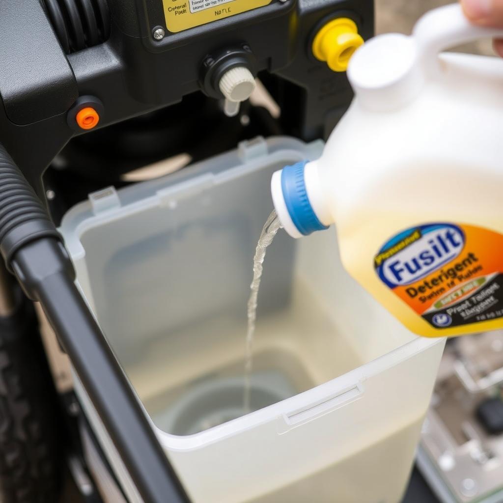 Pouring pressure washer detergent into the tank.