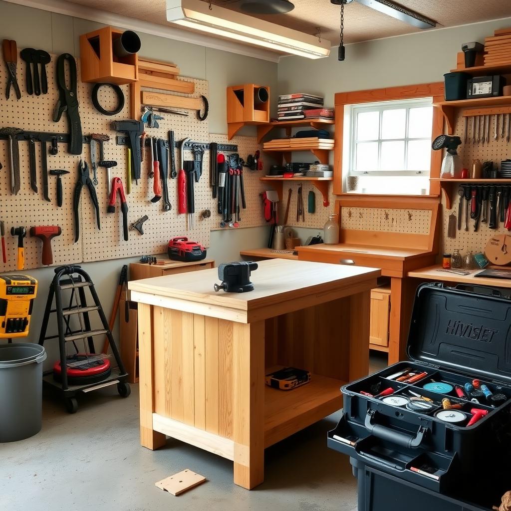 A well-organized workshop with a clean workbench and neatly arranged tools on pegboards and shelves.