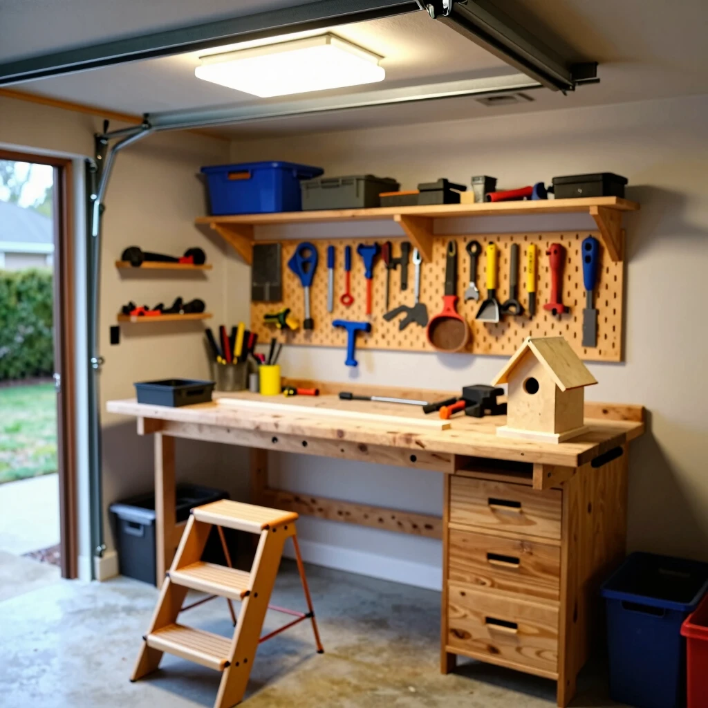 Compact garage workshop with organized workbench and tools