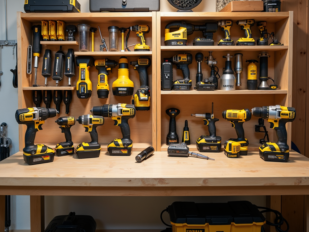 Organized storage for power tools in a home workshop.