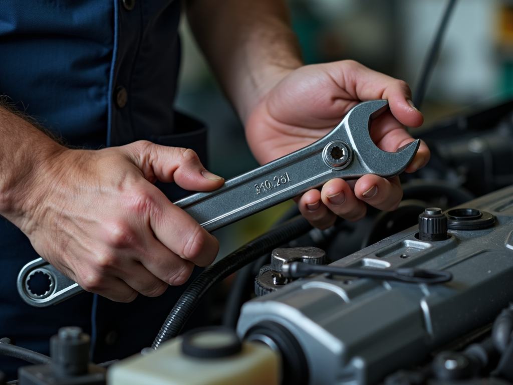Mechanic tightening a car engine bolt with a combination wrench.