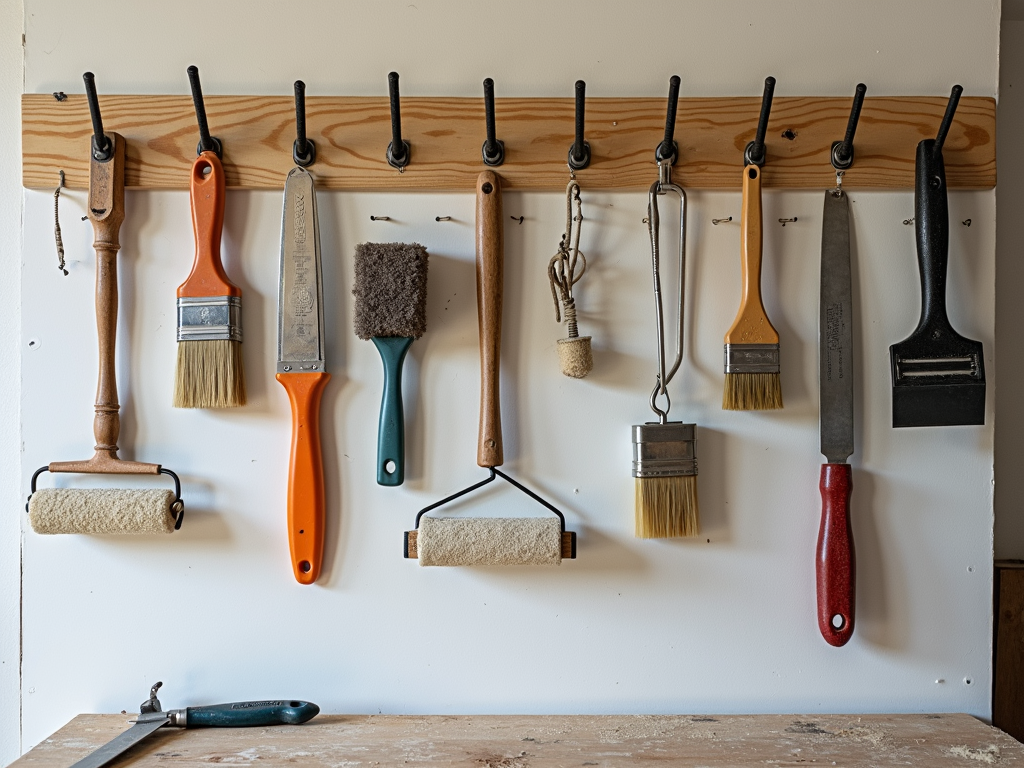 A pegboard with painting tools neatly organized.