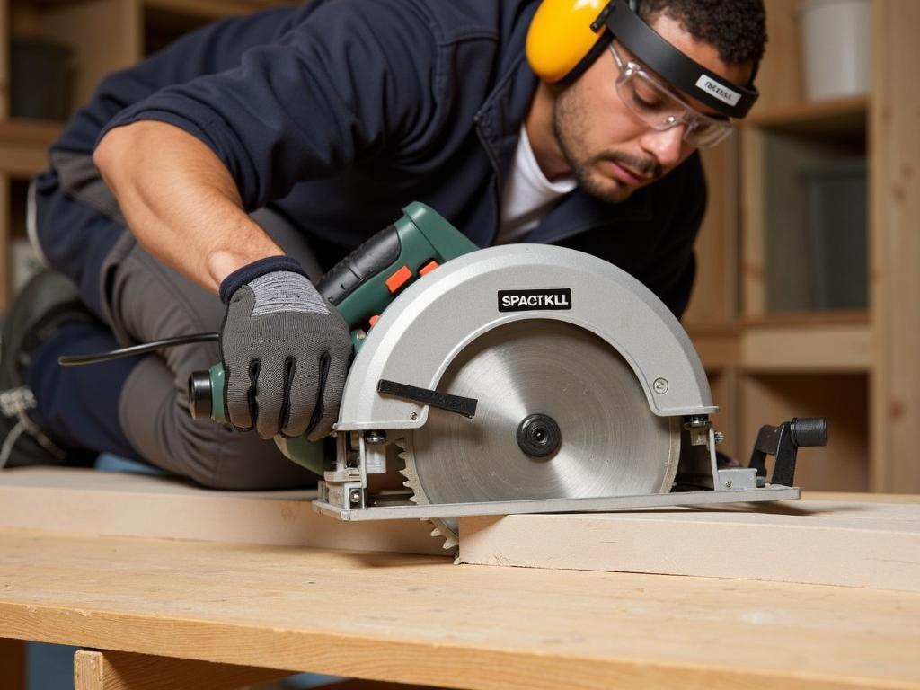 A worker safely using a circular saw with protective gear.