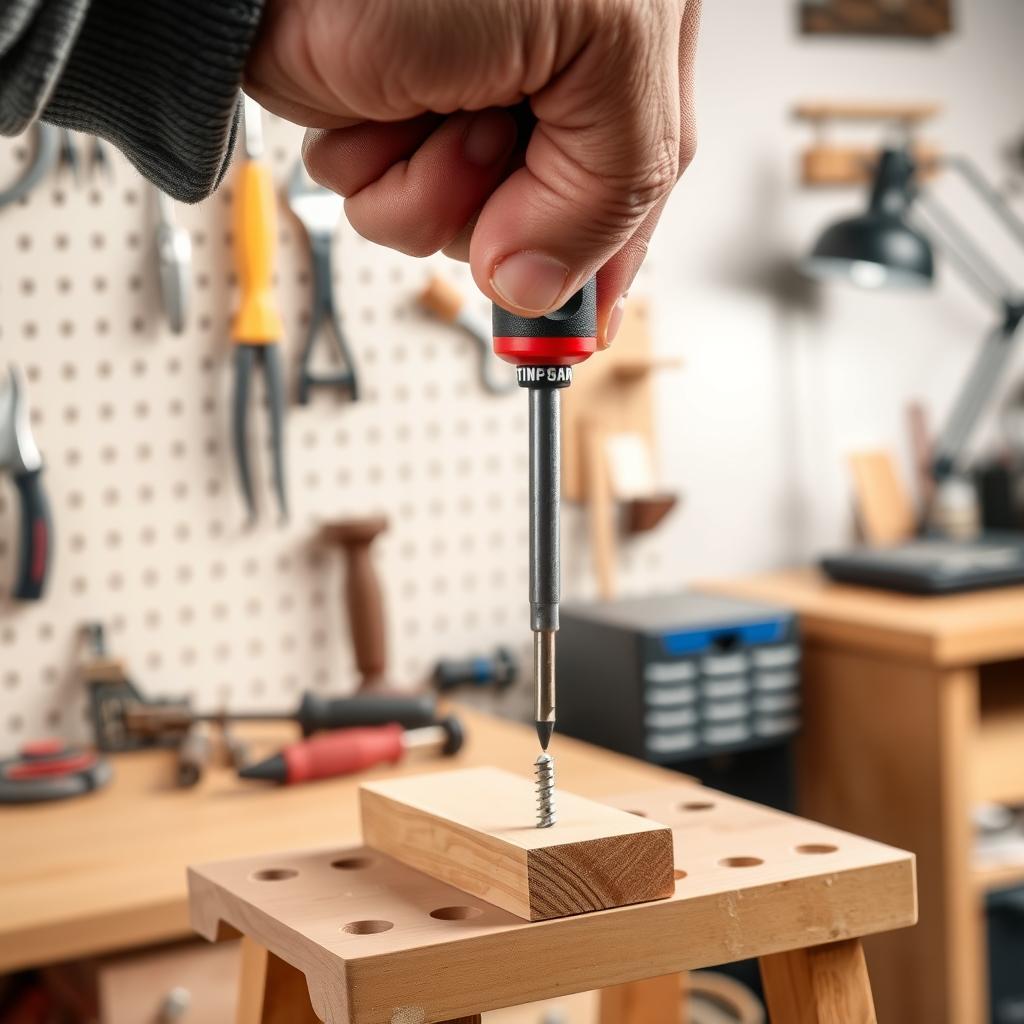 A hand using an ergonomic screwdriver with a cushioned grip on a workbench, with a tidy workshop and pegboard in the background.