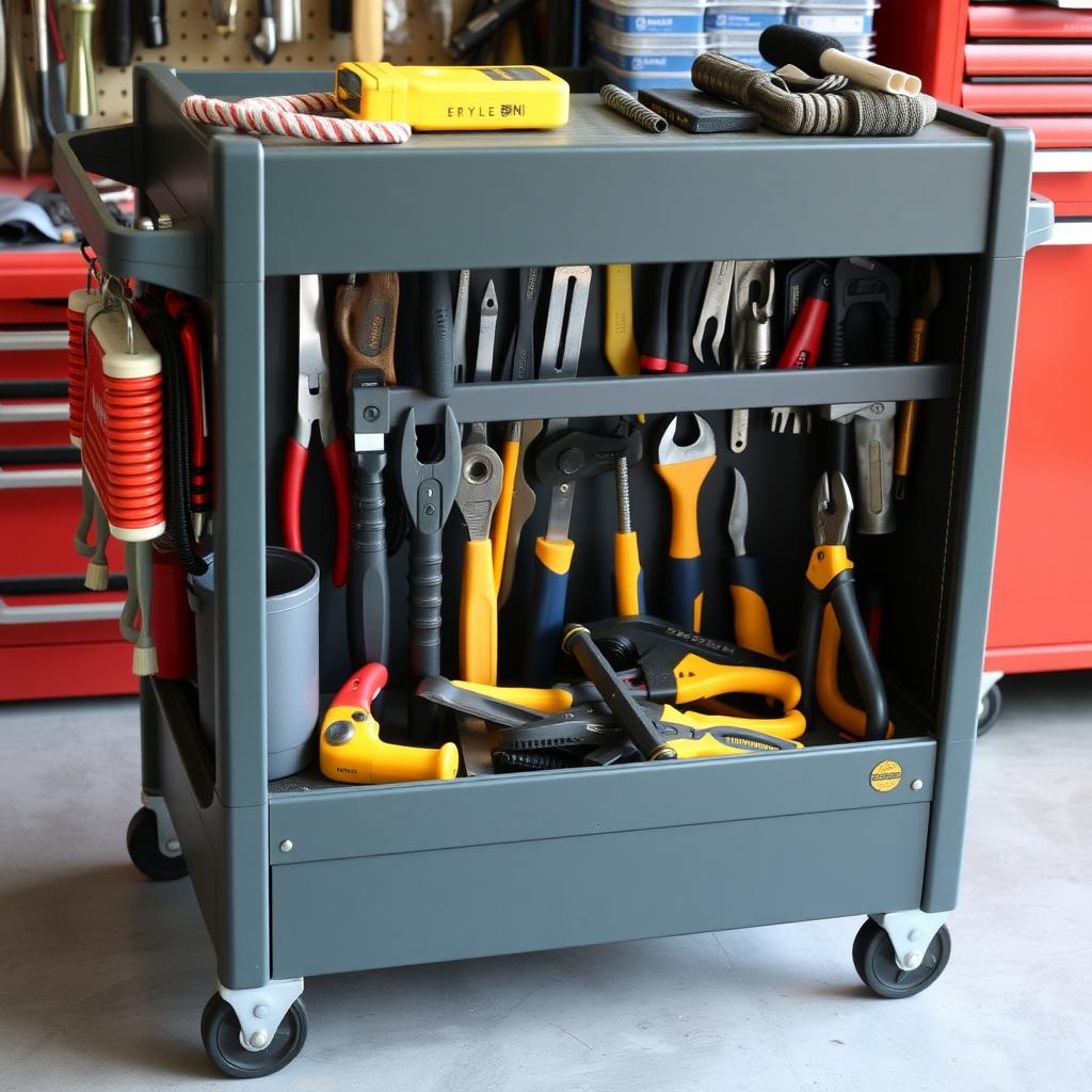 Mobile storage cart with organized hand tools.
