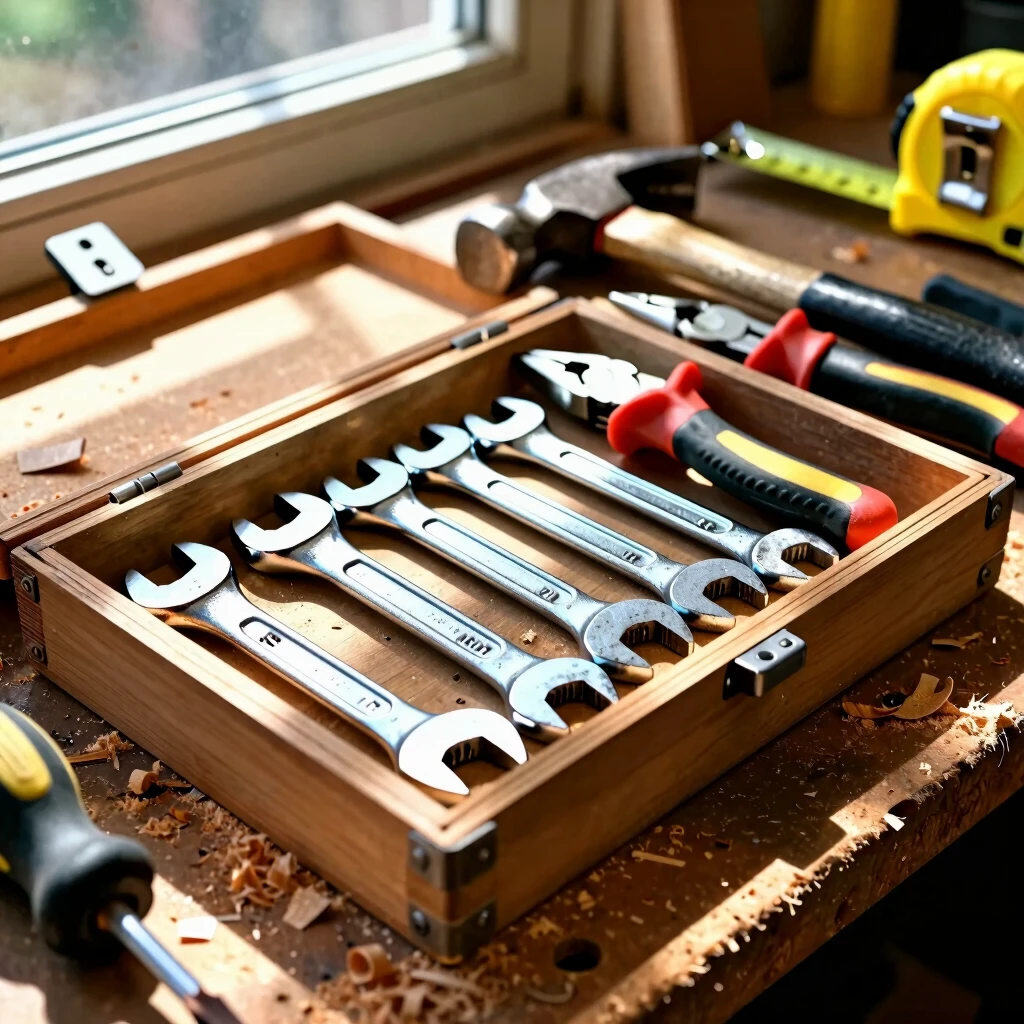 Open toolbox showcasing essential workman tools on a sunny workshop bench