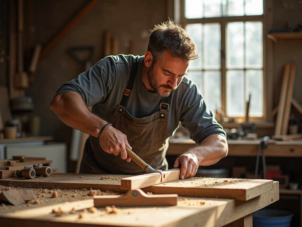 Craftsman hammering a nail into wood