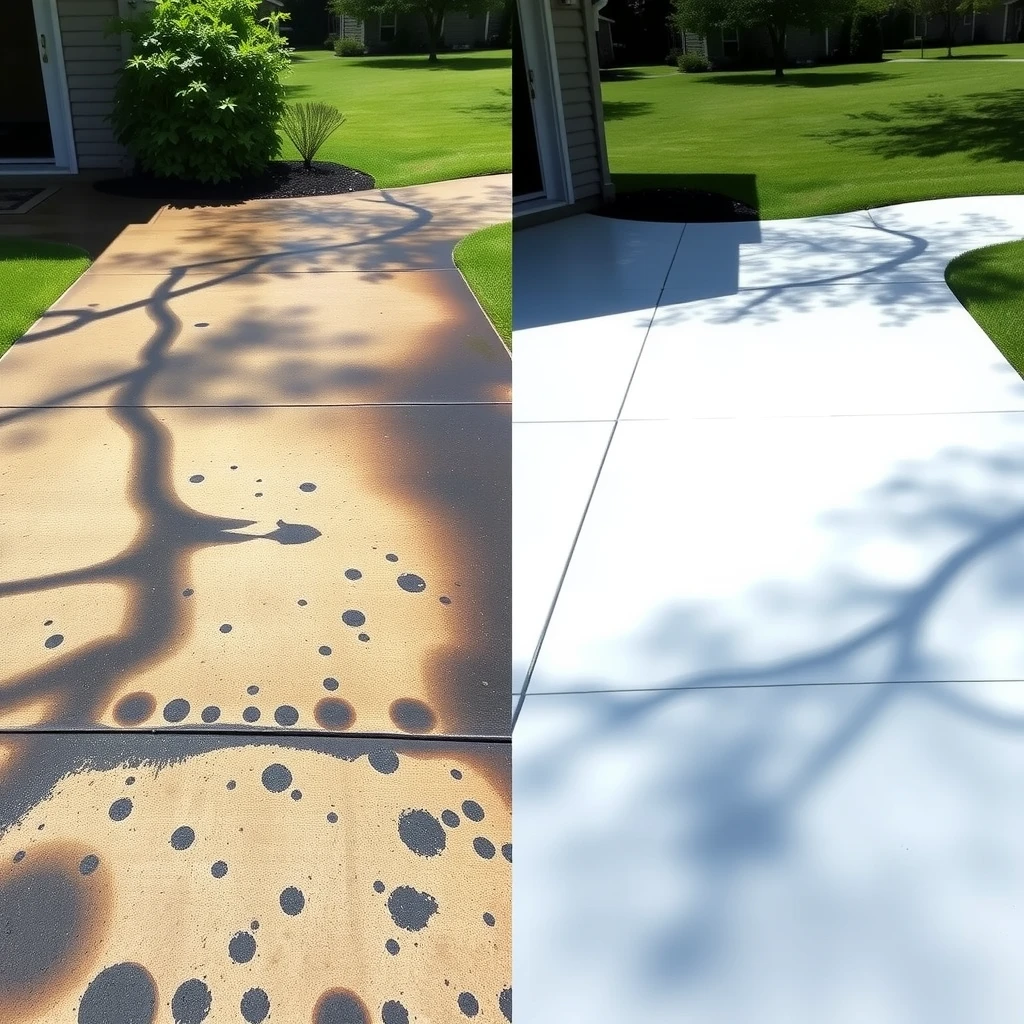 Before and after power washing a concrete driveway