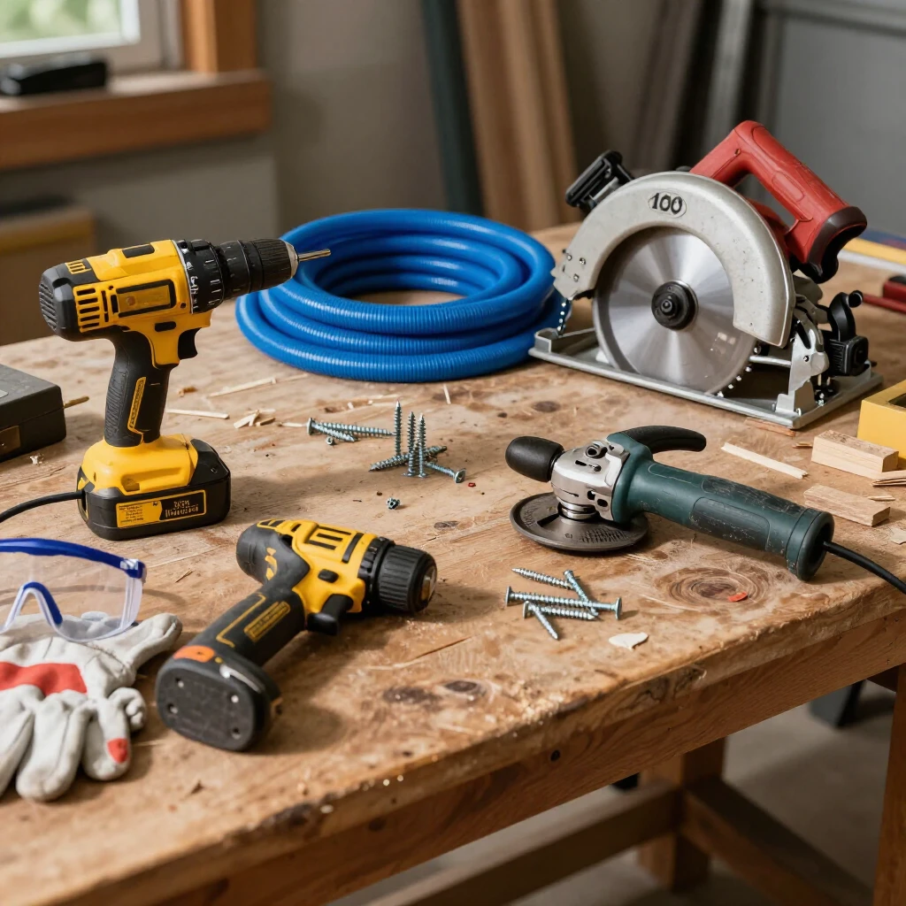 Assortment of power tools on a garage workbench ready for DIY adventures