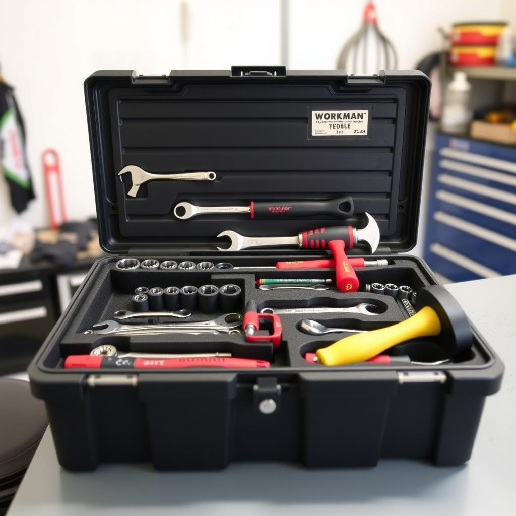 Organized Workman toolbox with tools in foam inserts on a workbench