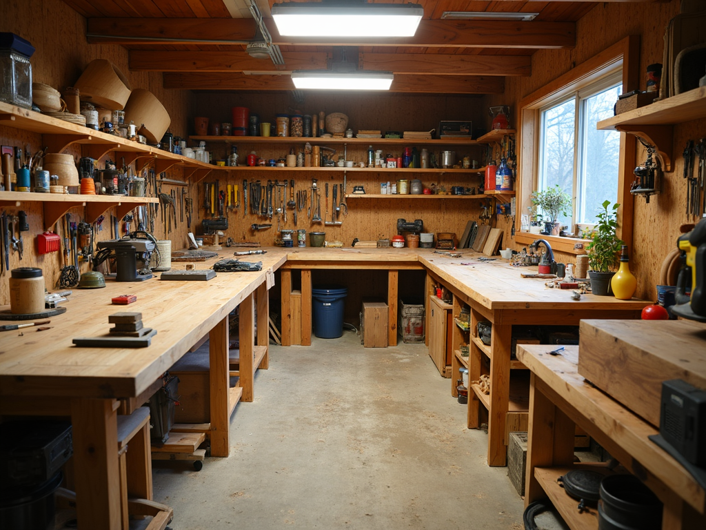 A tidy and well-equipped woodworking workshop for beginners.