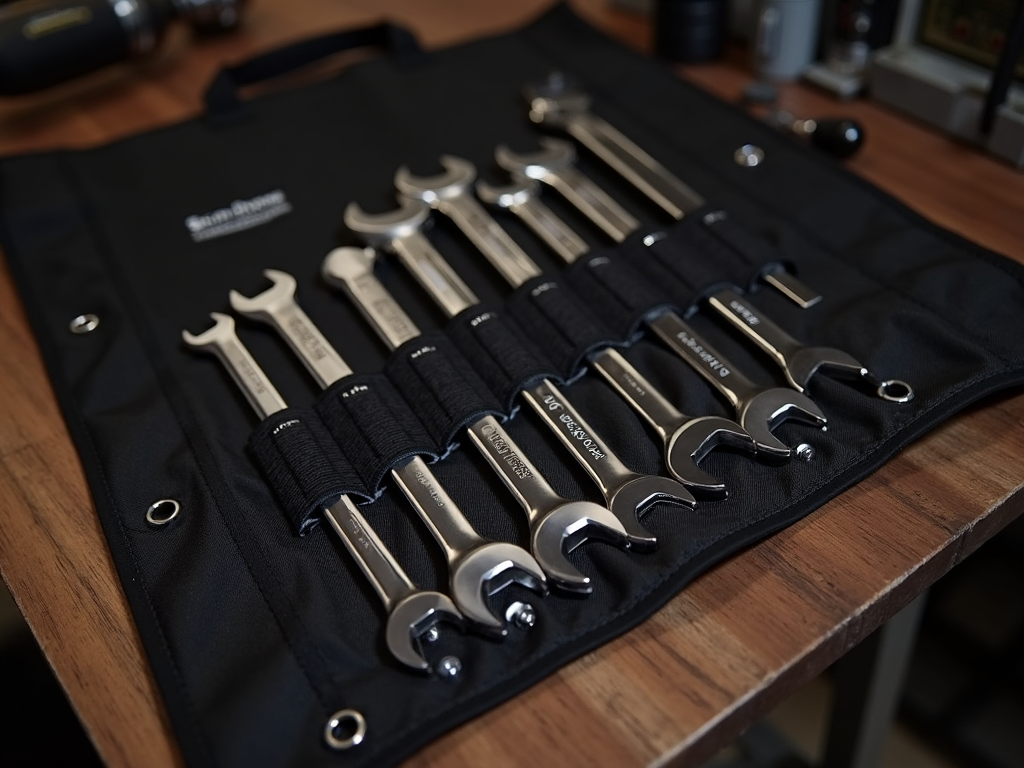 A wrench set organized in a wrench roll on a workbench.