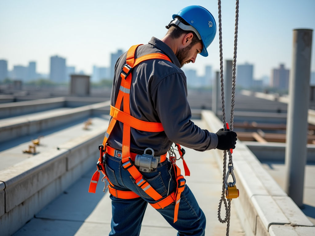 Construction worker using fall protection on a rooftop job site.