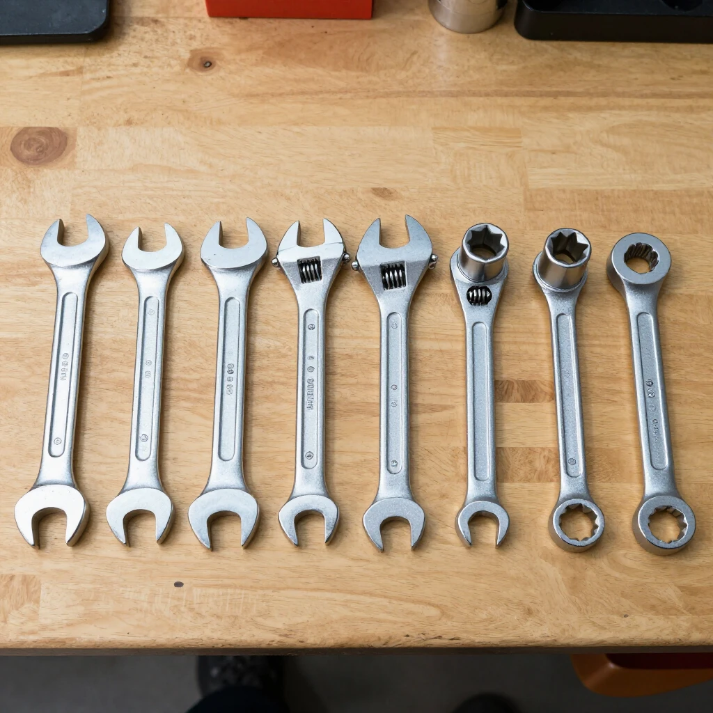 Common types of wrenches laid out on a workbench