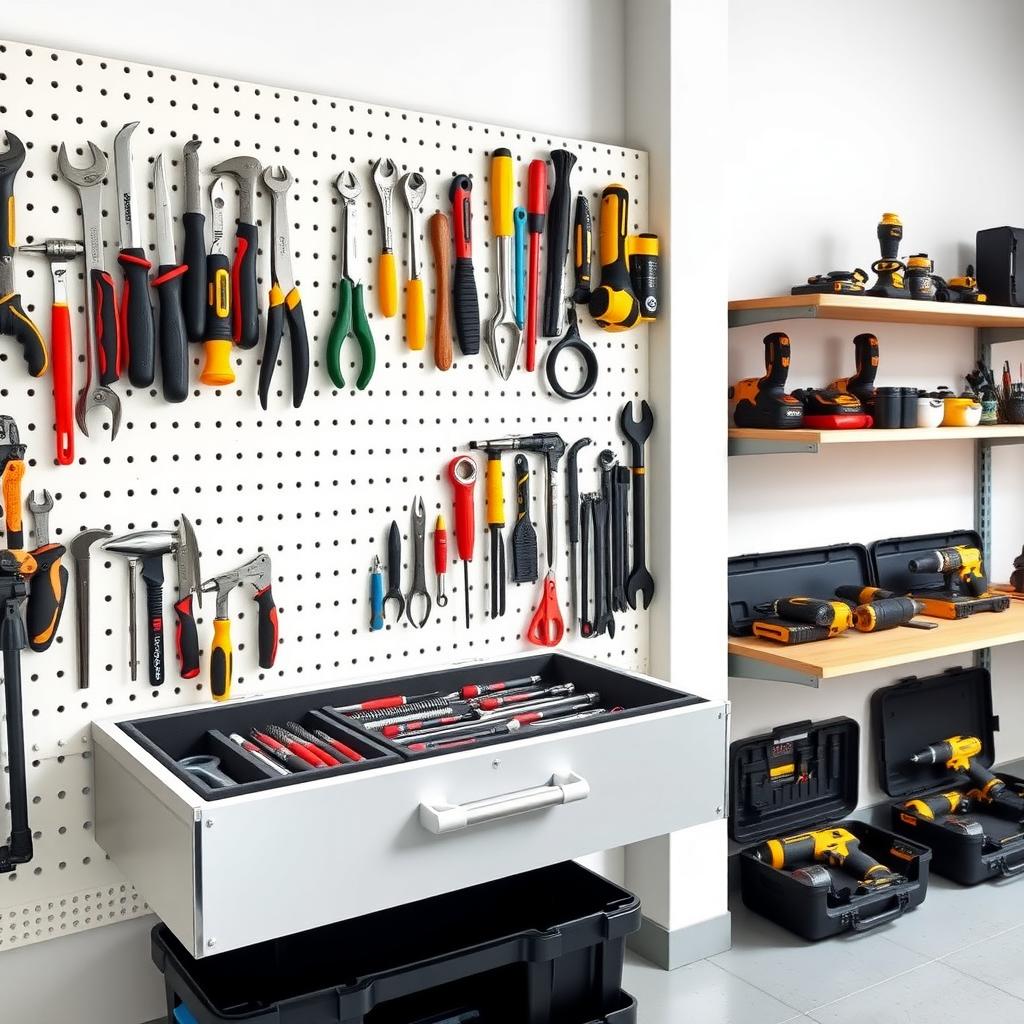 A well-organized workshop with a pegboard of hand tools, a toolbox with precision tools in foam inserts, and power tools stored neatly on a shelf.