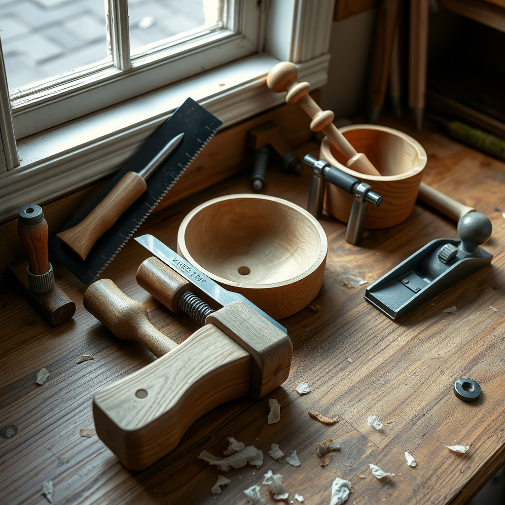 A selection of fundamental woodworking tools in action on a workbench.