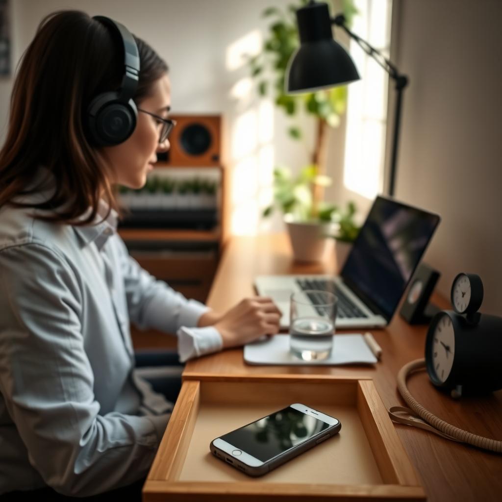 A person working in a distraction-free home office with headphones and a phone stored away.