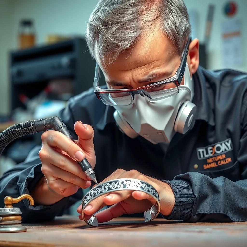 Jeweler wearing safety gear while engraving with a rotary tool