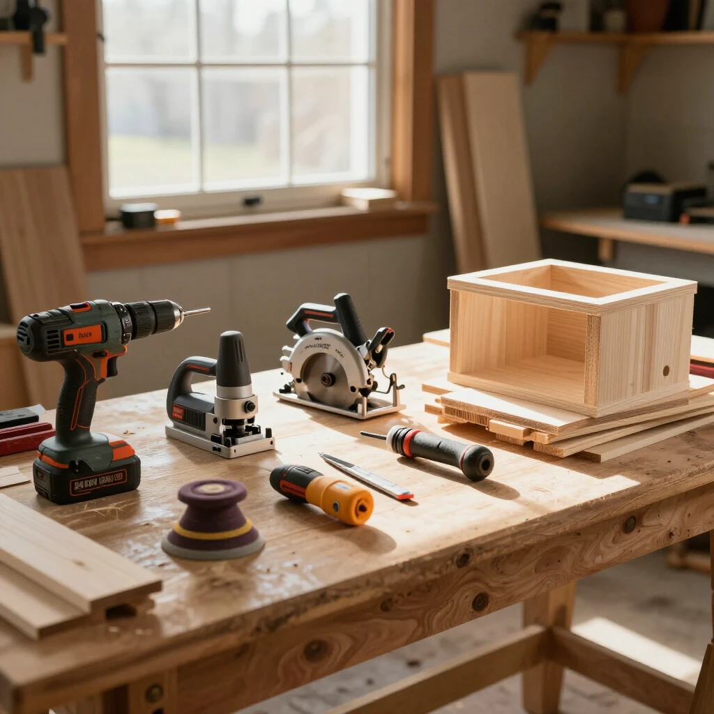 Beginner woodworker's workshop with essential power tools ready for action