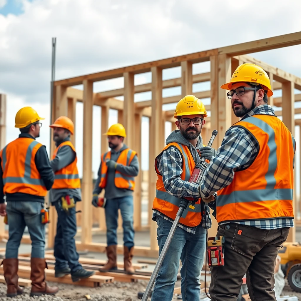 Construction workers in full PPE actively working on a job site