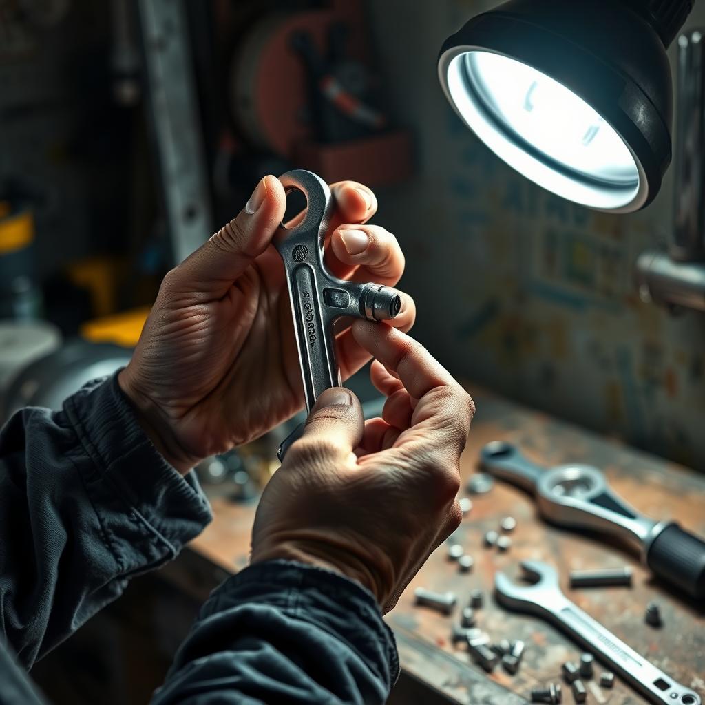 A mechanic inspecting a wrench under a bright work light on a cluttered workbench.