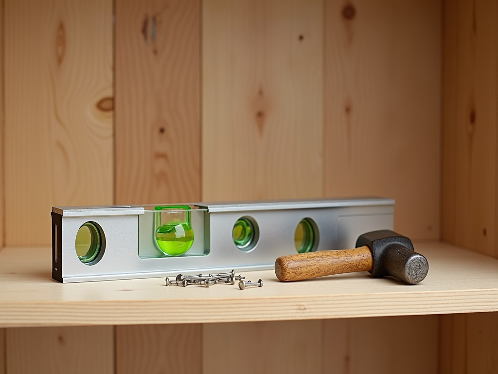 A level confirming a shelf is perfectly horizontal.