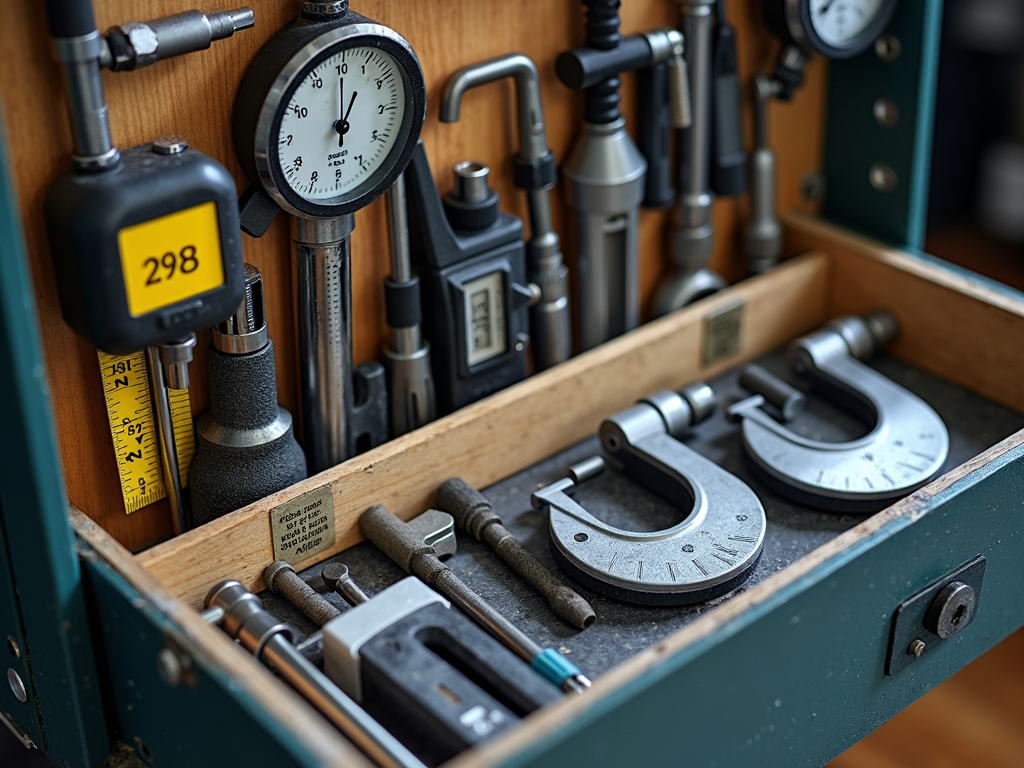 Organized tool cabinet with measuring tools