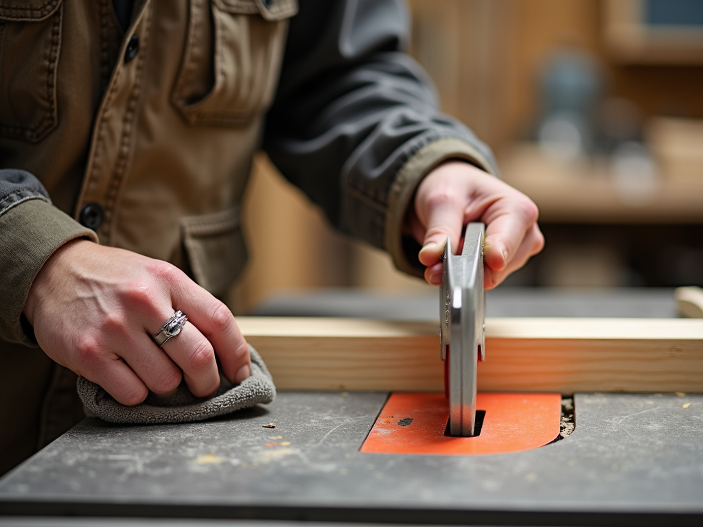 Woodworker inspecting tablesaw safety mechanisms