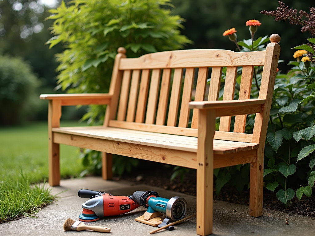 Finished wooden bench with power tools nearby