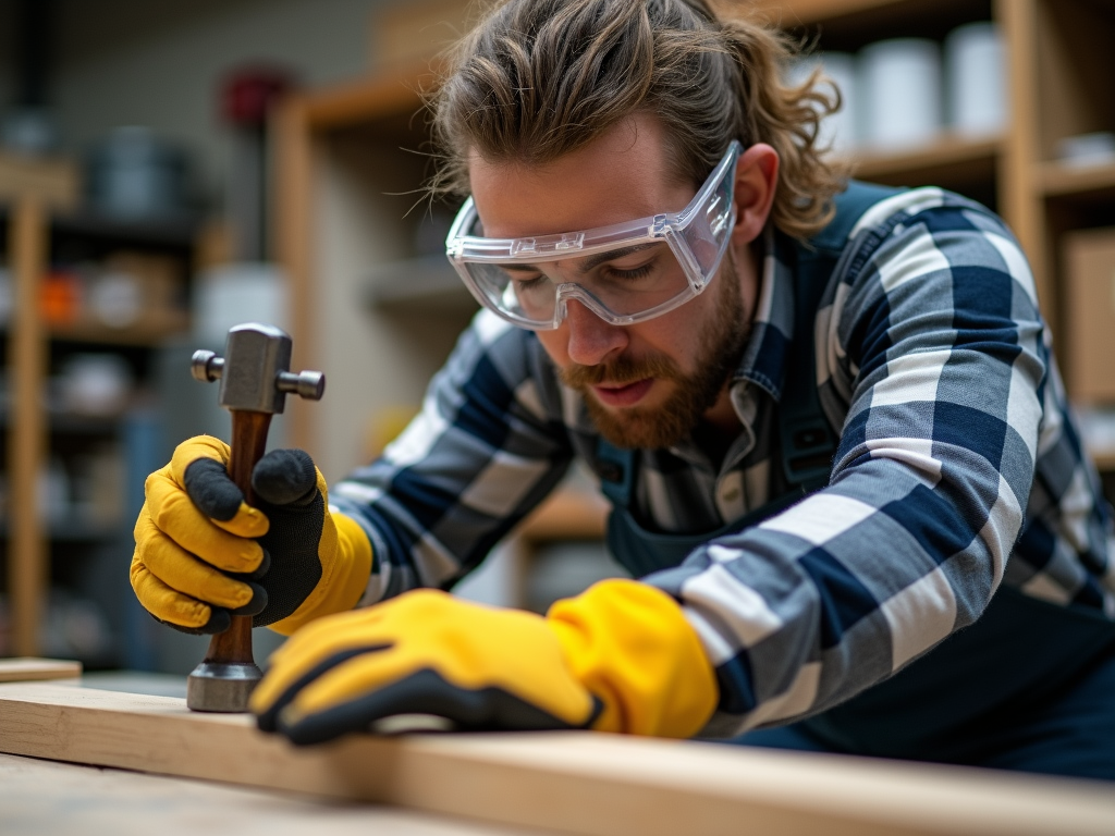 Person using a hammer with safety gear