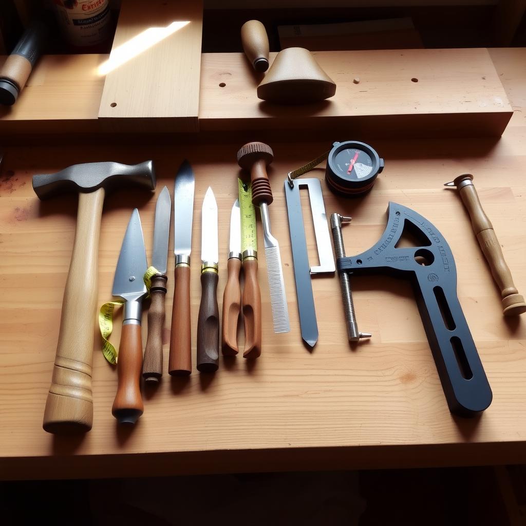 A tidy woodworking workbench displaying essential hand tools like a hammer, chisels, measuring tape, and combination square under soft natural light.