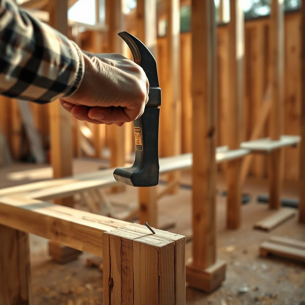 Craftsman’s hands using a framing hammer to drive a nail into lumber on a construction site.