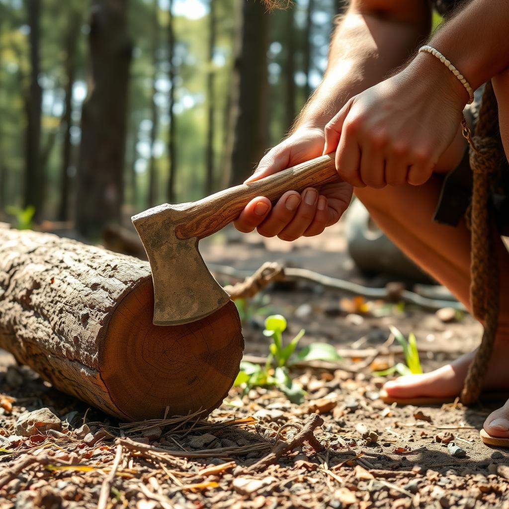 Stone Age woodworker carving a log with a flint axe in a forest clearing.