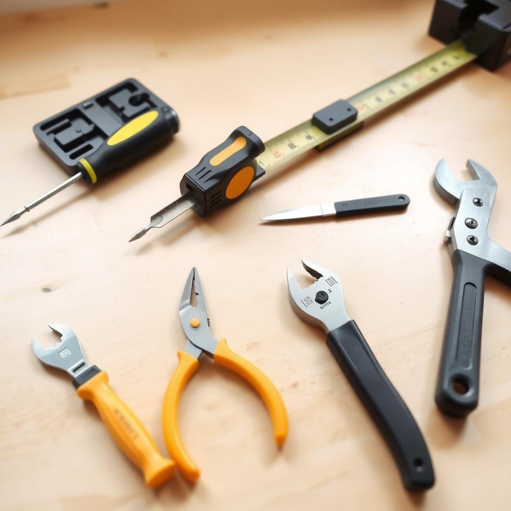 A collection of essential DIY tools, including a screwdriver set, tape measure, utility knife, level, pliers, and adjustable wrench, organized on a wooden workbench.