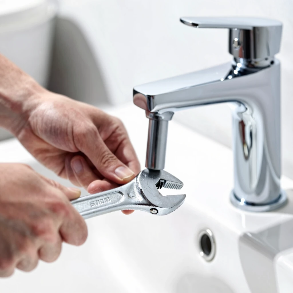 Hands installing a new bathroom faucet fixture with a wrench